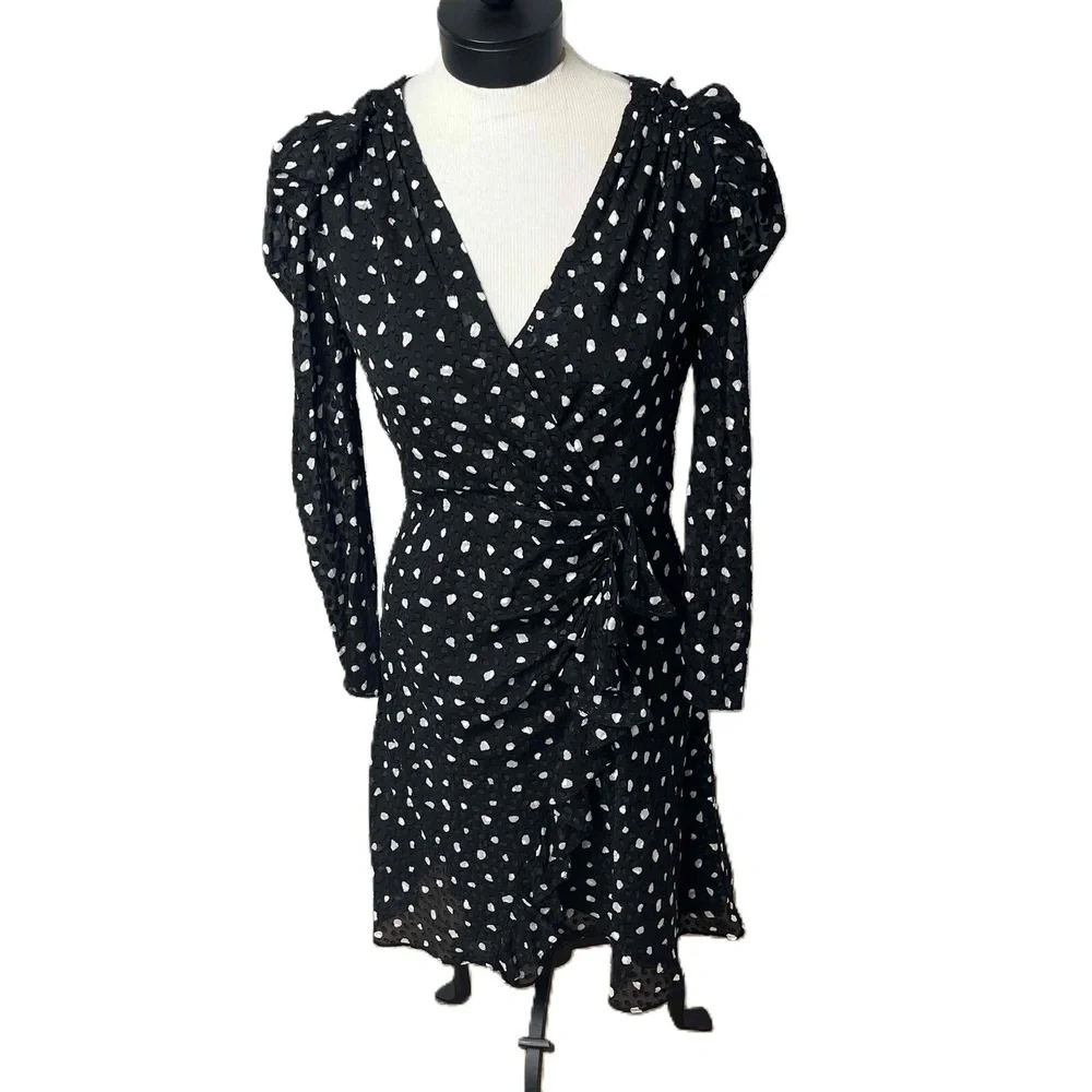 Rebecca Taylor Black Polka Dot Long‎ Sleeve V Neck Silk Faux Wrap Dress Size 4